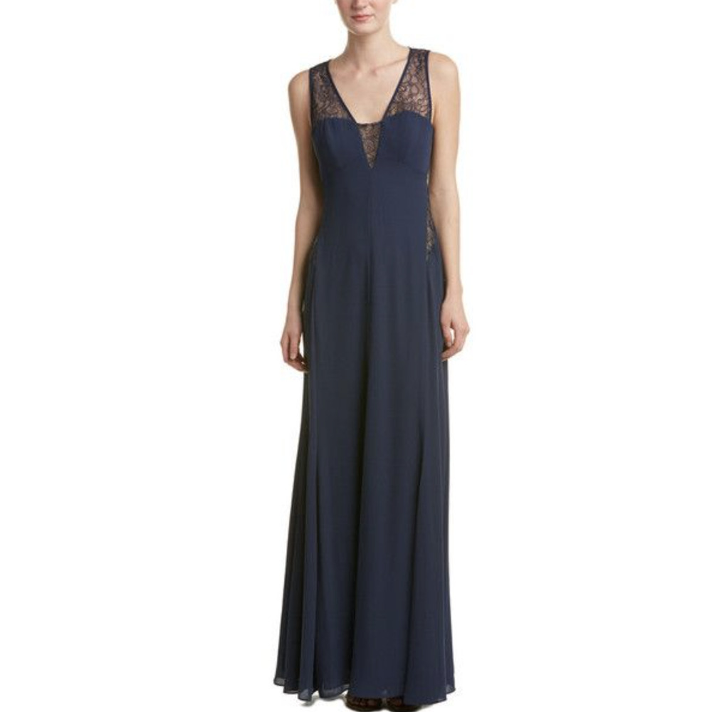 BCBG Paris Ariel Navy Blue Lace Cutout V Neck Maxi Evening Formal Dress Size 2